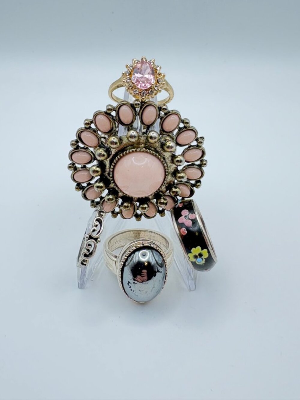 Vintage Modern Statement Ring Lot 5 PC Pink Rhinestone Hematite Enamel Band